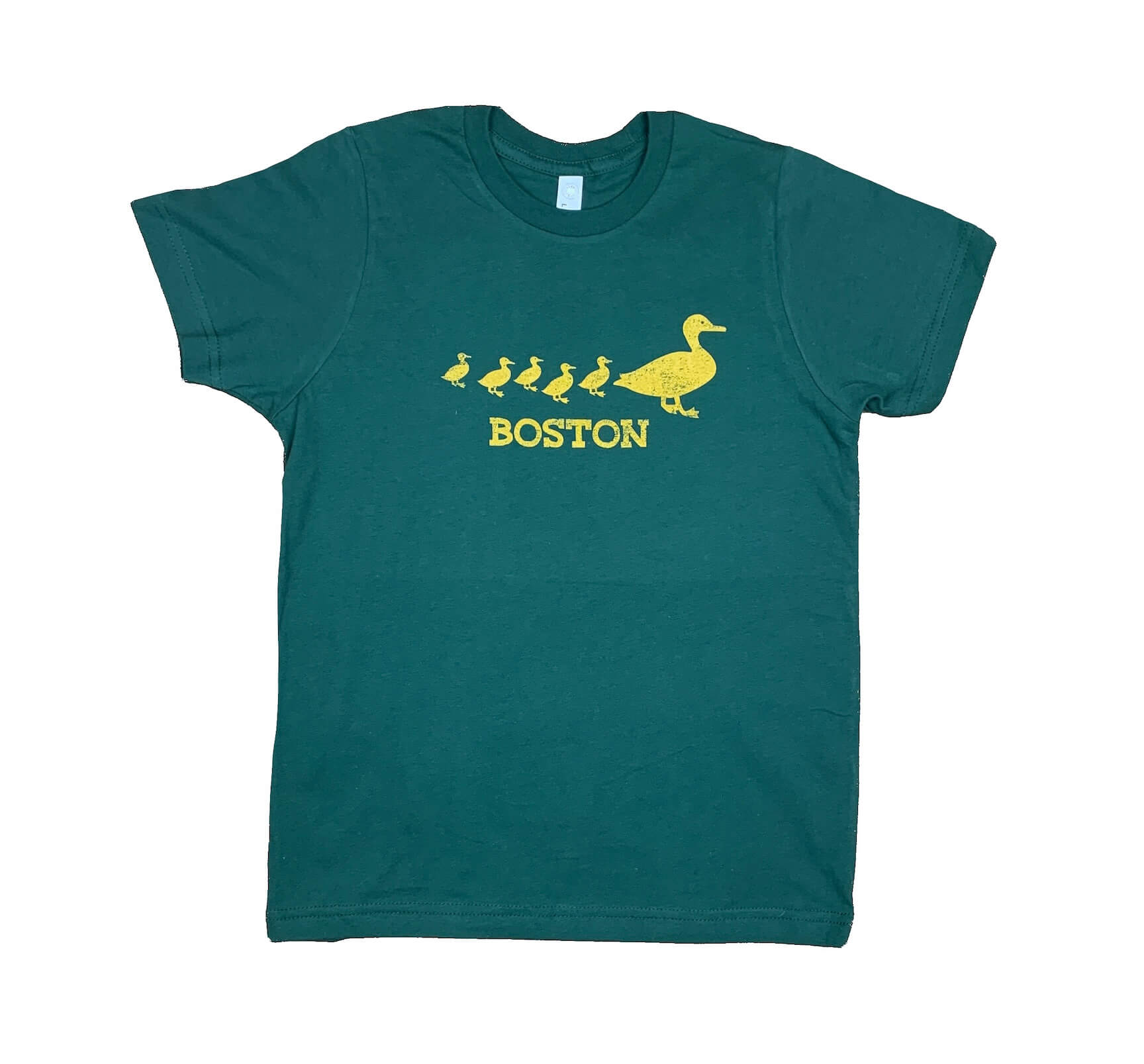Forest green youth sized cotton t-shirt with golden brown mother duck and ducklings graphic